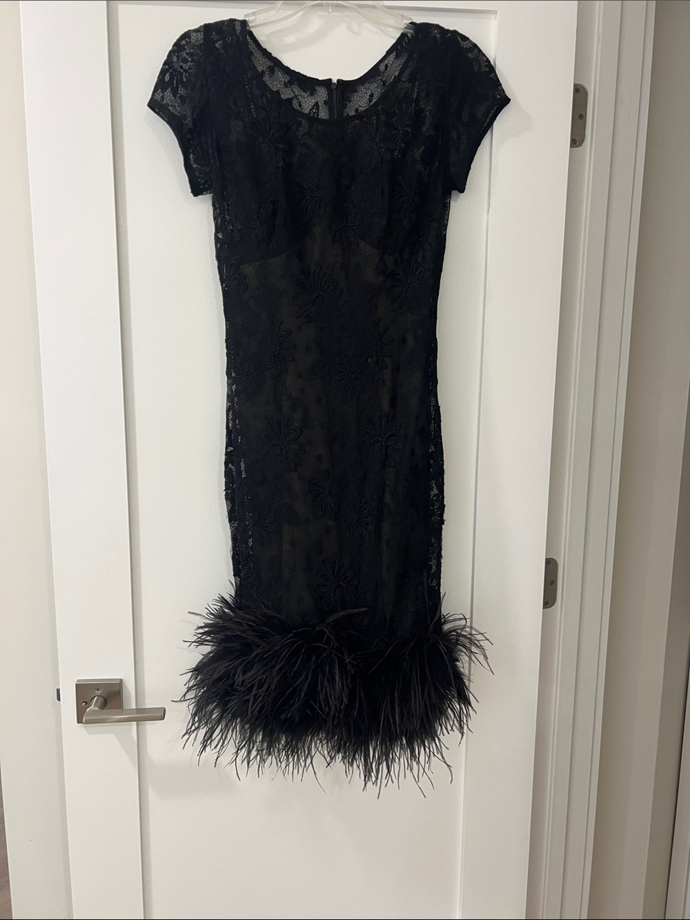 Black Lace Feather-Hem Sheath Dress